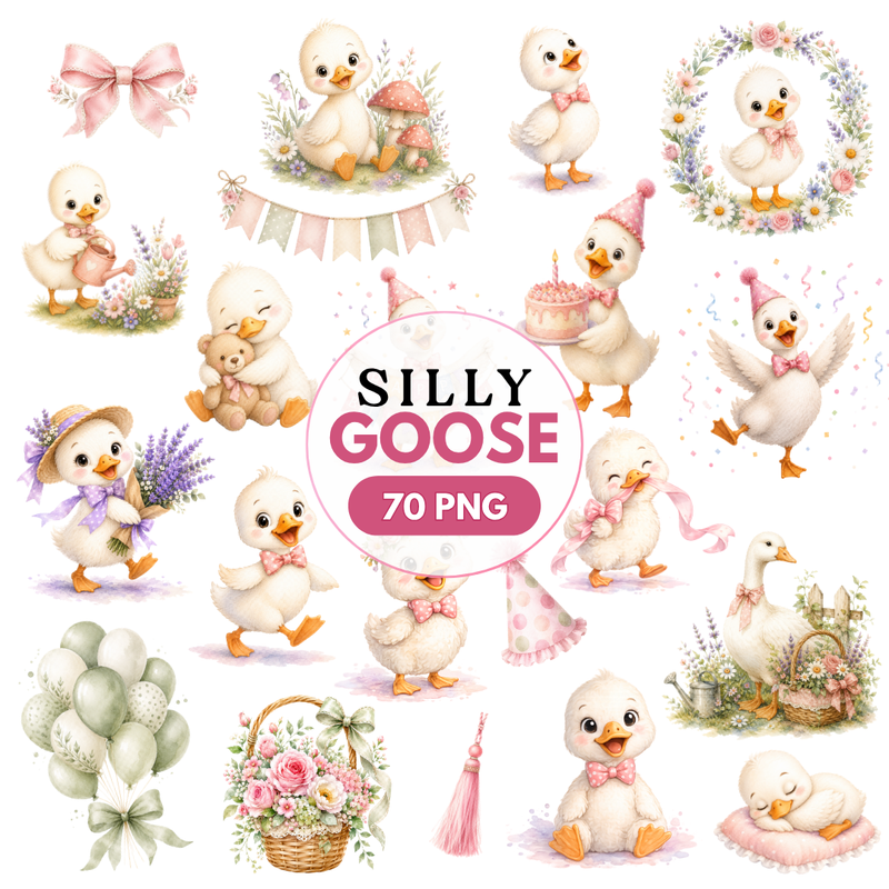 Pink Goose Watercolor Clipart Bundle, Baby Shower Graphics (70 PNG Files)