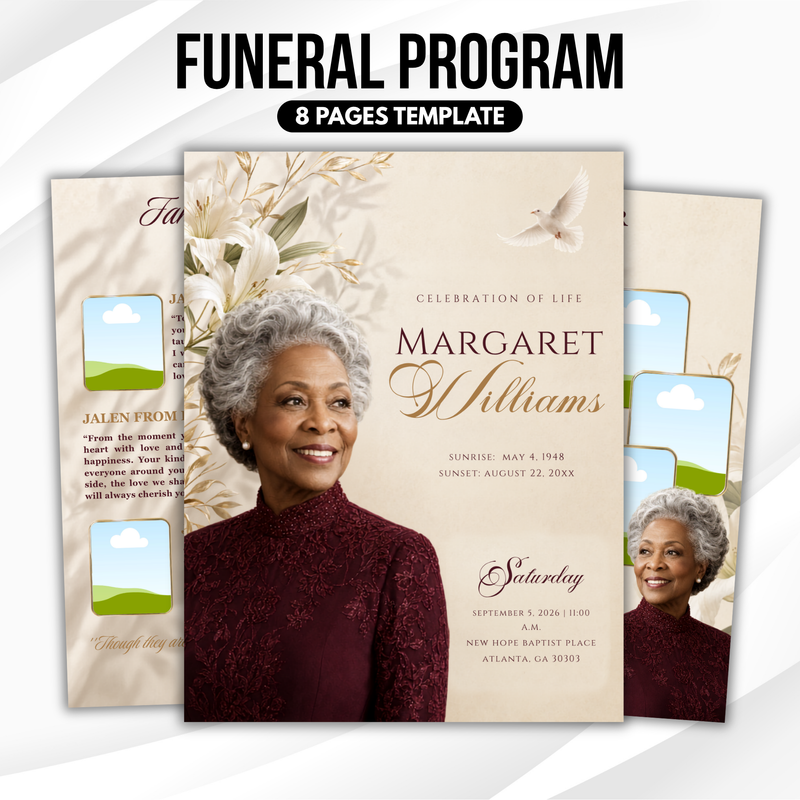 Burgundy & Gold Funeral Program Template, 8-Page Memorial (Canva, PDF)