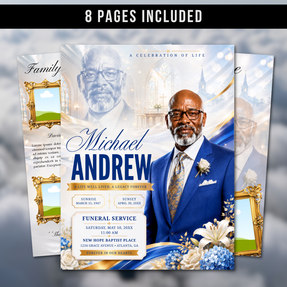 Blue & Gold Funeral Program Template: 8-Page Memorial (Canva PDF)