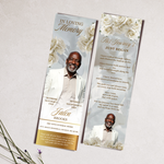 White Gold Roses Memorial Bookmark Template: Funeral Keepsake (Canva PDF)