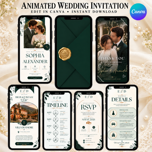 Animated Wedding Invitation Template, Editable Dark Green Canva Invite, Digital Wedding Evite, Instant Download (Copy)