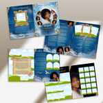 Blue Elegant Funeral Program Canva Template | White Rose Green Gold Theme | 8 Page Memorial Booklet