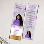 Purple Gold Roses Memorial Bookmark Template: Funeral Keepsake (Canva PDF)