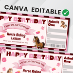 Horse Riding Lessons Gift Voucher, Editable Birthday Ticket (Canva PDF)