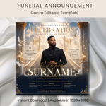 Blue & Gold Funeral Announcement Flyer, Celebration of Life Evite (Digital Download Canva Template 1080x1080px )