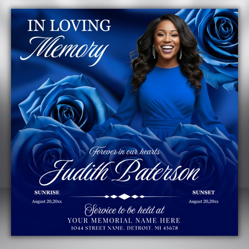 Royal Blue Roses Funeral Announcement Flyer: Obituary, Celebration of Life (Canva Template PDF)