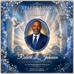 Blue & White Funeral Announcement Flyer: Obituary, Celebration of Life (Canva Template PDF)