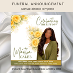 Yellow Water color flower Funeral Announcement Flyer: Obituary, Celebration of Life (Canva Template PDF)