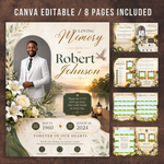 White & Green Funeral Program Canva Template | 8 Page Memorial Booklet