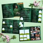 Green & Gold Roses Funeral Program Template, Memorial Obituary (Canva Template)