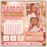 July Booking Flyer, July Books Open, Summer, Hair, Nails, Lash, Makeup, Appointment (Canva Template)