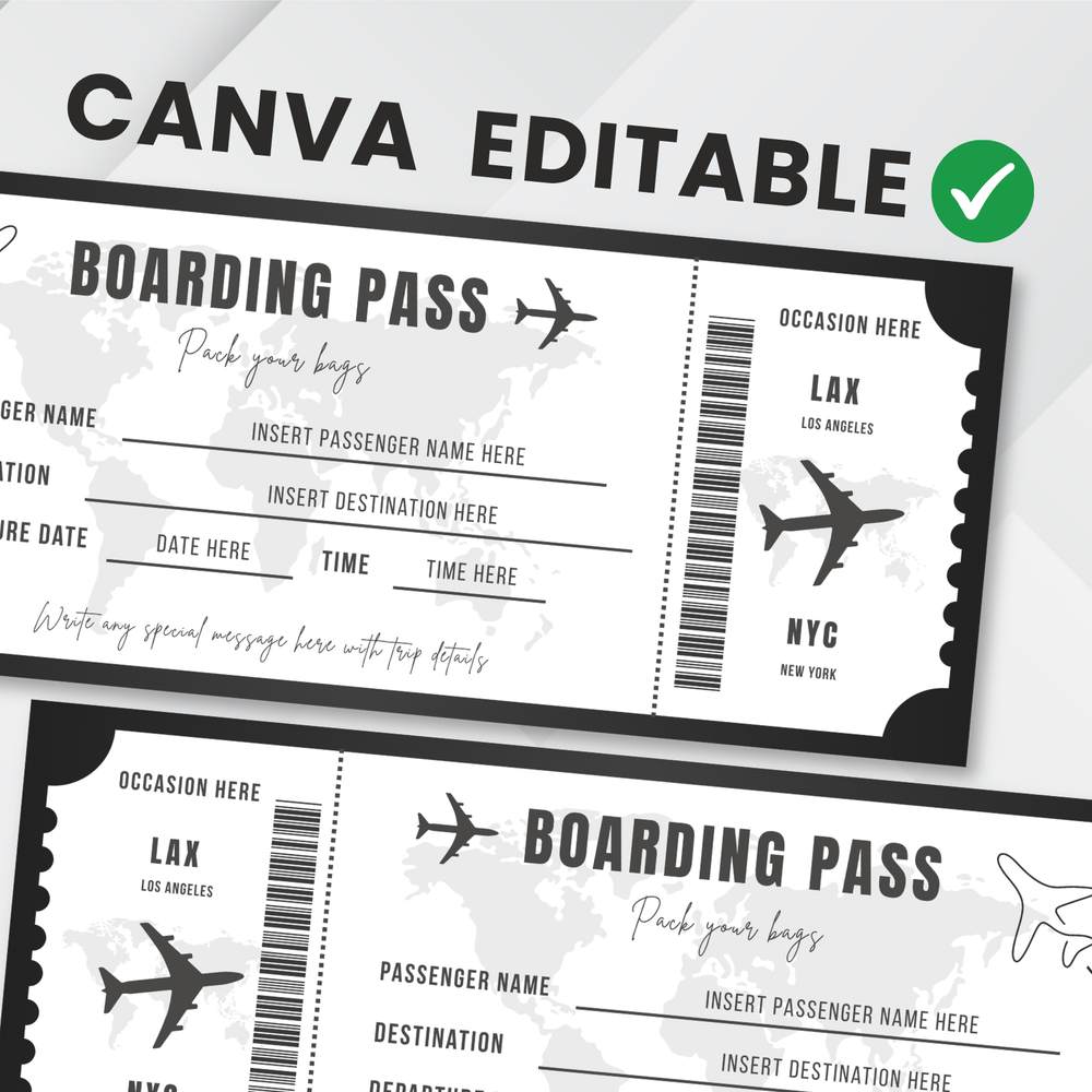 Editable Surprise Boarding Pass Template: Printable Airline Ticket (Canva Template)