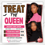 October Booking Flyer: Treat the Queen Halloween Lash Hair Nails MUA Template (DIY Canva, Digital Download)