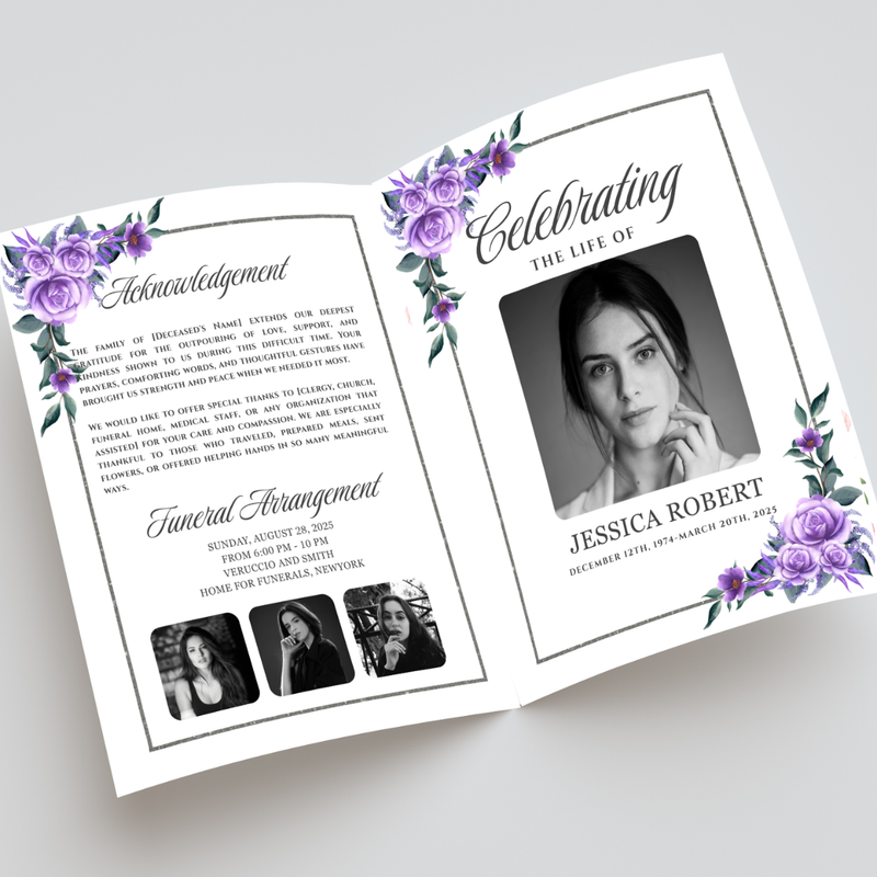 Blush Floral Funeral Program Template: Elegant Celebration of Life (Canva, PDF Download)