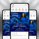 Royal Blue Roses Funeral Announcement Flyer: Obituary, Celebration of Life (Canva Template PDF)