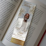 White Gold Roses Memorial Bookmark Template: Funeral Keepsake (Canva PDF)