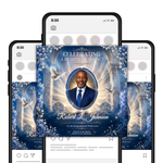 Blue & White Funeral Announcement Flyer: Obituary, Celebration of Life (Canva Template PDF)