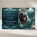 Deep Teal Green Roses Funeral Program Template: 8-Page Memorial (Canva PDF)