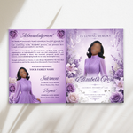 White & Purple Roses Funeral Program Template, Memorial Obituary (Canva Template)