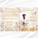White Roses Funeral Program Template, Memorial Obituary (Canva Template)
