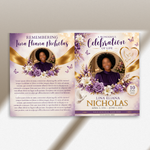 Elegant Funeral Program Canva Template | Purple & Gold Theme | 8 Page Memorial Booklet