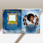 Blue Elegant Funeral Program Canva Template | White Rose Green Gold Theme | 8 Page Memorial Booklet