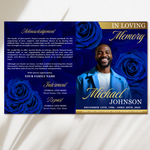 Blue & Gold Roses Funeral Program Template, Memorial Obituary (Canva Template)