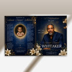 Blue & Gold Funeral Program Canva Template |8 Page Memorial Booklet
