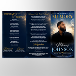 Blue & Gold Roses Funeral Program Template: Trifold Memorial (Canva Template)