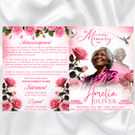 Pink Rose Floral Funeral Program Template, 8-Page Memorial (Canva, PDF)