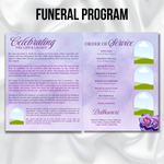 Purple Floral Funeral Program Template, 8-Page Memorial (Canva, PDF)