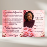 Pink Roses Funeral Program Template: 8-Page Memorial, Celebration of Life (Canva Template, PDF Download)
