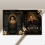 Back & Gold Funeral Program Canva Template | Gold Theme | 8 Page Memorial Booklet