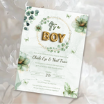 Baby Shower Invitation Boy, Greenery Floral Baby Boy Invite, Editable Canva Template, Printable Instant Download