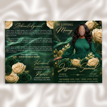 Green & Gold Roses Funeral Program Template: 8-Page Memorial (Canva PDF)