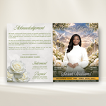 Green & White Roses Funeral Program Template: 8-Page Memorial (Canva PDF)