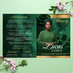 Green & Gold Roses Funeral Program Template, Memorial Obituary (Canva Template)