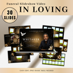 Black & Gold Funeral Slideshow Template, Celebration of Life (Canva, 30 Slides, MP4)