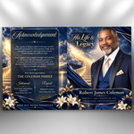Blue and Gold Funeral Program Template: 8-Page Memorial, 1 T-Shirt (Canva PDF)