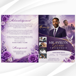 Purple Floral Funeral Program Template, 8-Page Memorial (Canva, PDF)