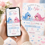Dolphin Gender Reveal Invitation, Waddle It Be Invite, Baby Boy Or Girl, Printable Spring Party Template, He Or She