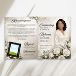 White & Black Roses Funeral Program Template: 8-Page Memorial (Canva, 17x11 Digital Download)