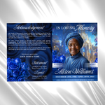 Blue Floral Funeral Program Template, 8-Page Memorial (Canva, PDF)