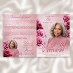 Pink Roses Funeral Program Template: 8-Page Memorial, Celebration of Life (Canva Template, PDF Download)