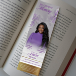 Purple Gold Roses Memorial Bookmark Template: Funeral Keepsake (Canva PDF)