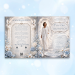 Blue Roses Funeral Program Template, Memorial Obituary (Canva Template)