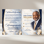 Blue & White Roses Funeral Announcement Flyer: Obituary, Celebration of Life (Canva Template PDF)