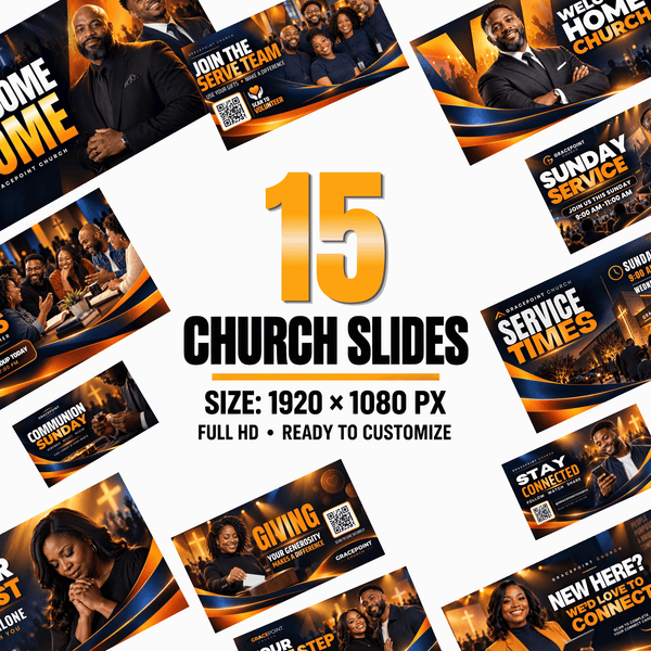 15 editable church slides, 1920 x 1080 px, full HD