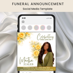 Yellow Water color flower Funeral Announcement Flyer: Obituary, Celebration of Life (Canva Template PDF)