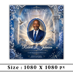 Blue & White Funeral Announcement Flyer: Obituary, Celebration of Life (Canva Template PDF)
